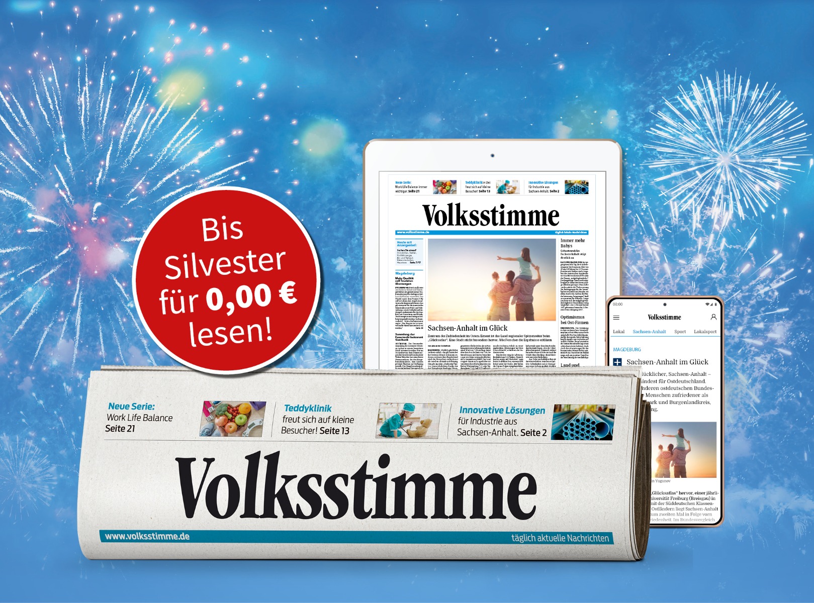 gedruckte und digitale Zeitung, Tablet und Smartphone mit E-Paper und Silvesterraketen im Hintergrund; Button