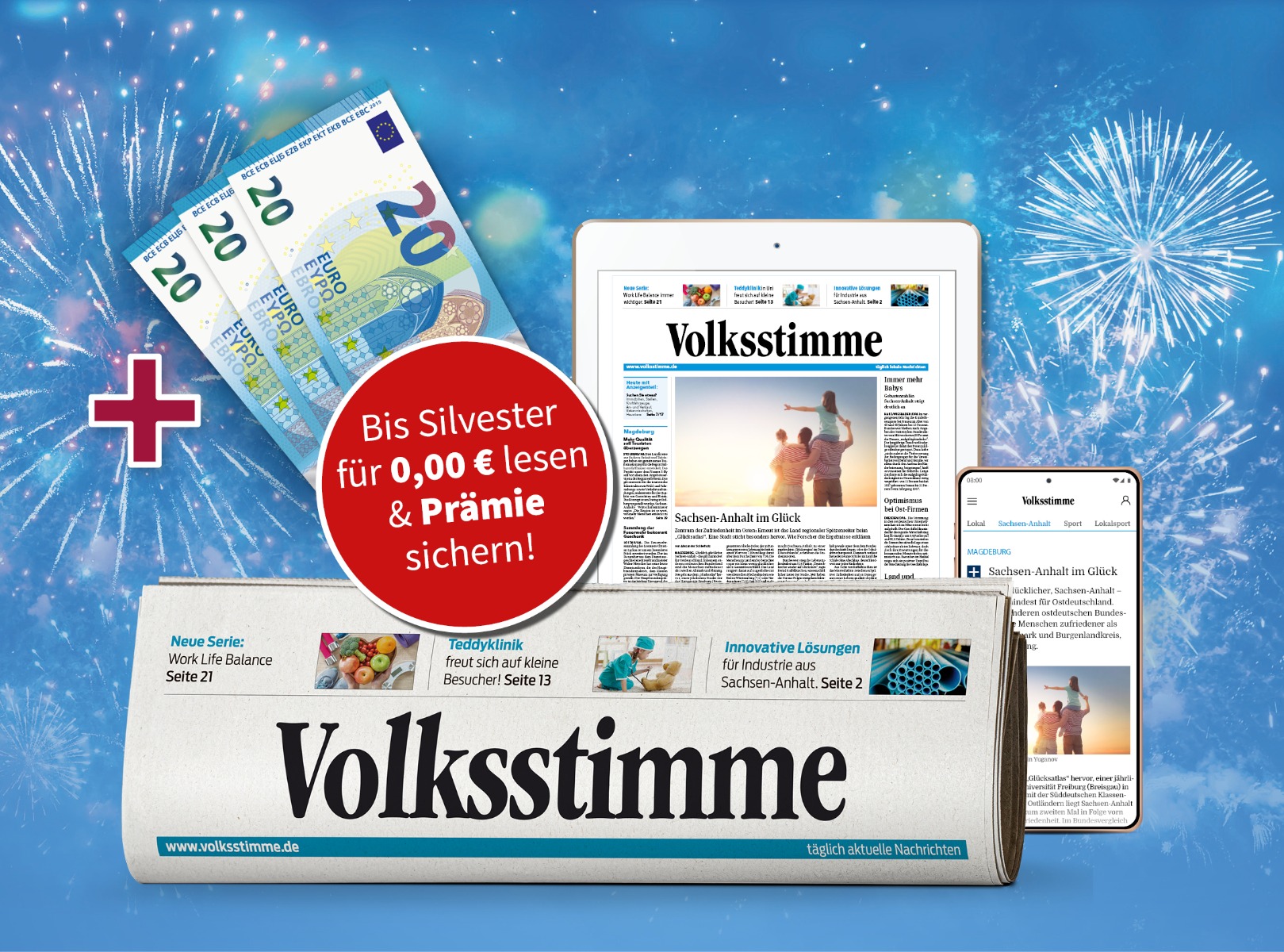 gedruckte und digitale Zeitung, Tablet und Smartphone mit E-Paper und Silvesterraketen im Hintergrund; Button