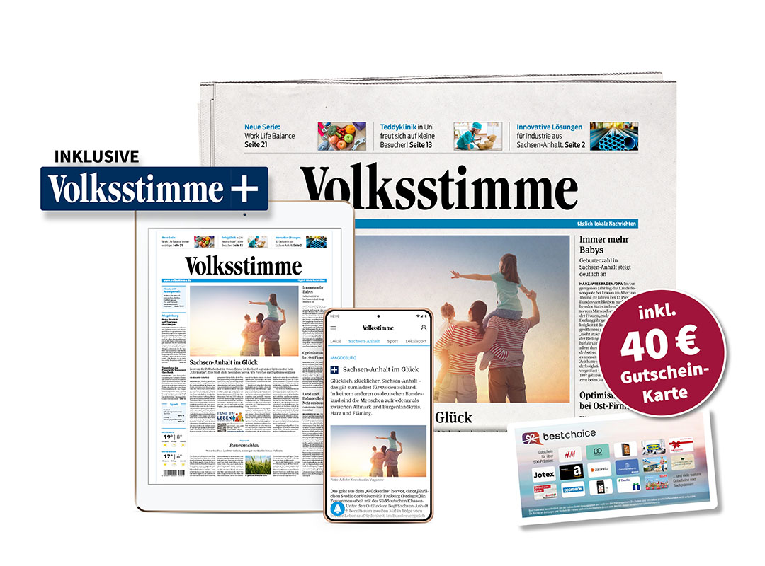 Abbildung der digitalen Volksstimme auf einem Tablet. und einer eingerollten Zeitung. Es wird angezeigt, das Volksstimme+ inklusive ist und man sie einen roten Kreis auf dem