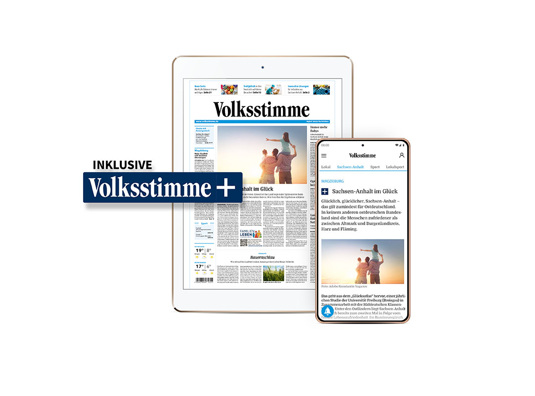 Hier sieht man ein Tablet, was die digitale Volksstimme abbildet. Links wurde das Logo der Volksstimme-Plusartikel abgebildet