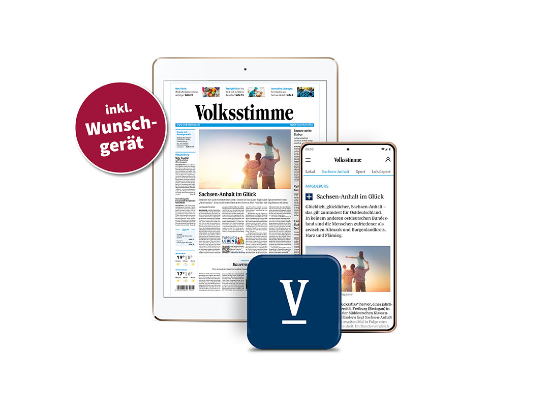 Hier sieht man ein Tablet, was die digitale Volksstimme abbildet. Links wurde das Logo der Volksstimme-Plusartikel abgebildet