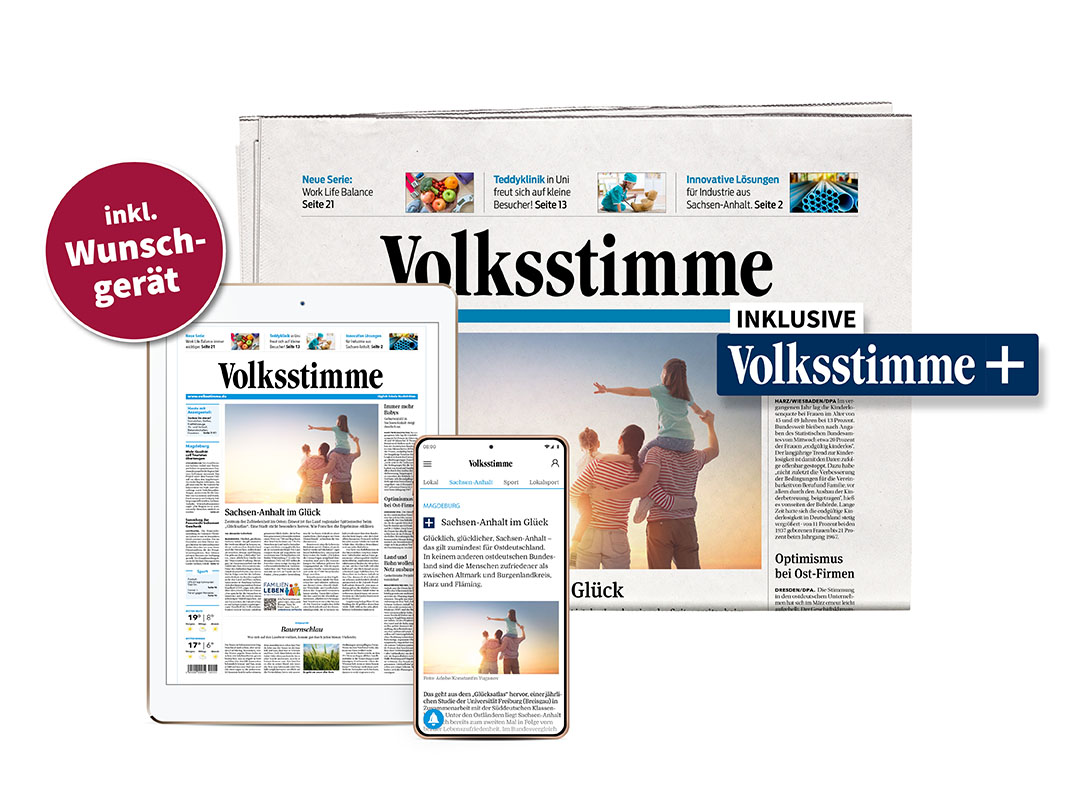 Die Volksstimme als Zeitungsrolle steht im Vordergrund. Dahinter befindet sich rechts ein Tablet, was die digitale Zeitung widerspiegelt. Links daneben befindet sich das Logo der Plusartikel der Volksstimme. Alles befindet sich auf einem blauen Hintergrun