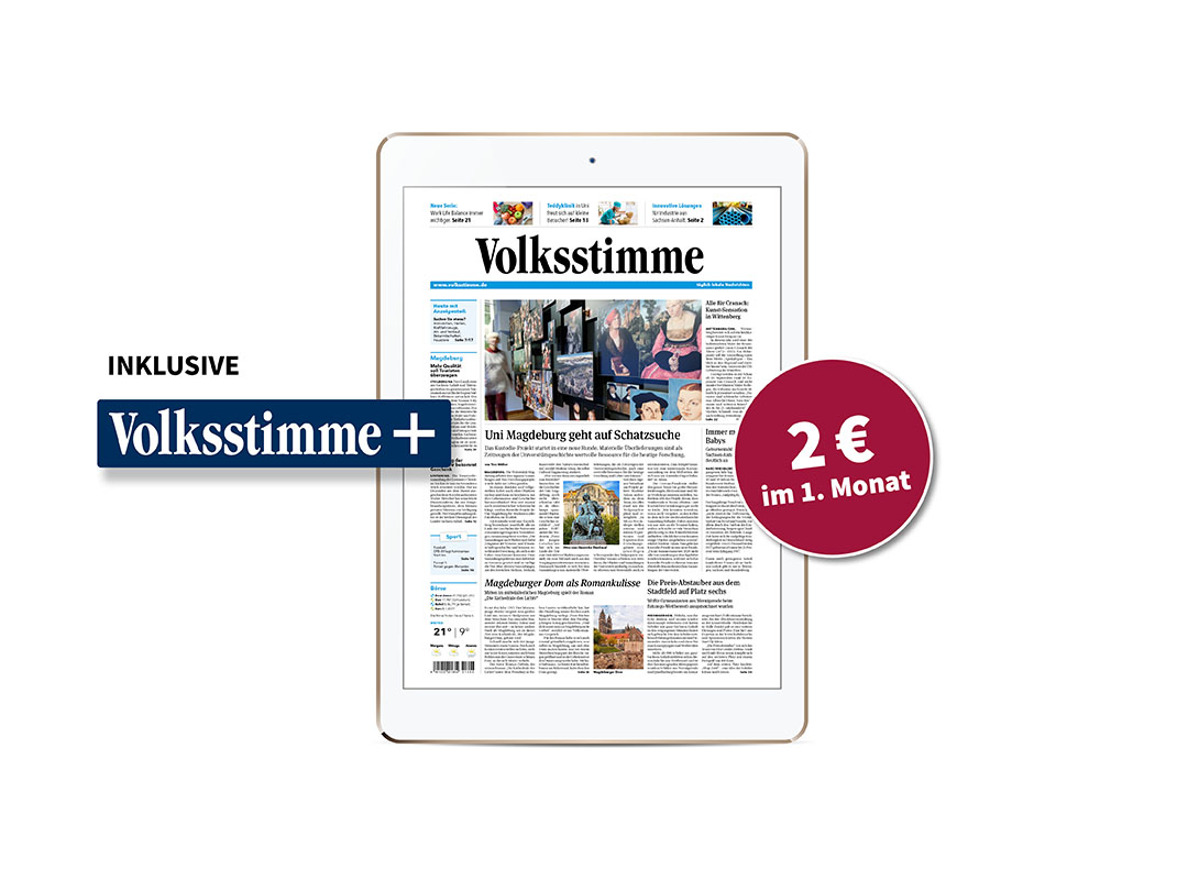 Hier sieht man ein Tablet, was die digitale Volksstimme abbildet. Links wurde das Logo der Volksstimme-Plusartikel abgebildet