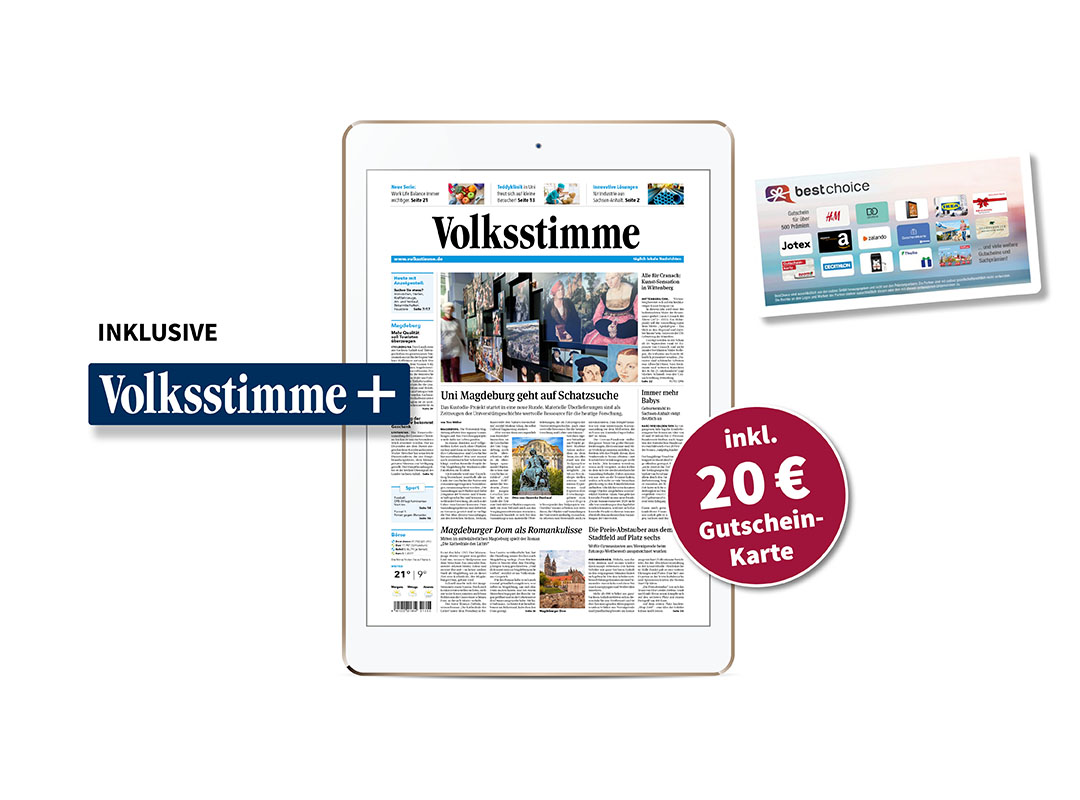 Abbildung der digitalen Volksstimme auf einem Tablet. Es wird angezeigt, das Volksstimme+ inklusive ist und man sie einen roten Kreis auf dem 