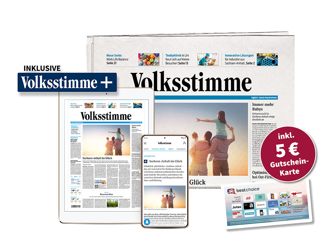 Die Volksstimme als Zeitungsrolle steht im Vordergrund. Dahinter befindet sich ein Tablet, was die digitale Zeitung widerspiegelt. Rechts daneben befindet sich das Logo der Plusartikel der Volksstimme. Rechts befindet sich die Abbildung eines Best Choice