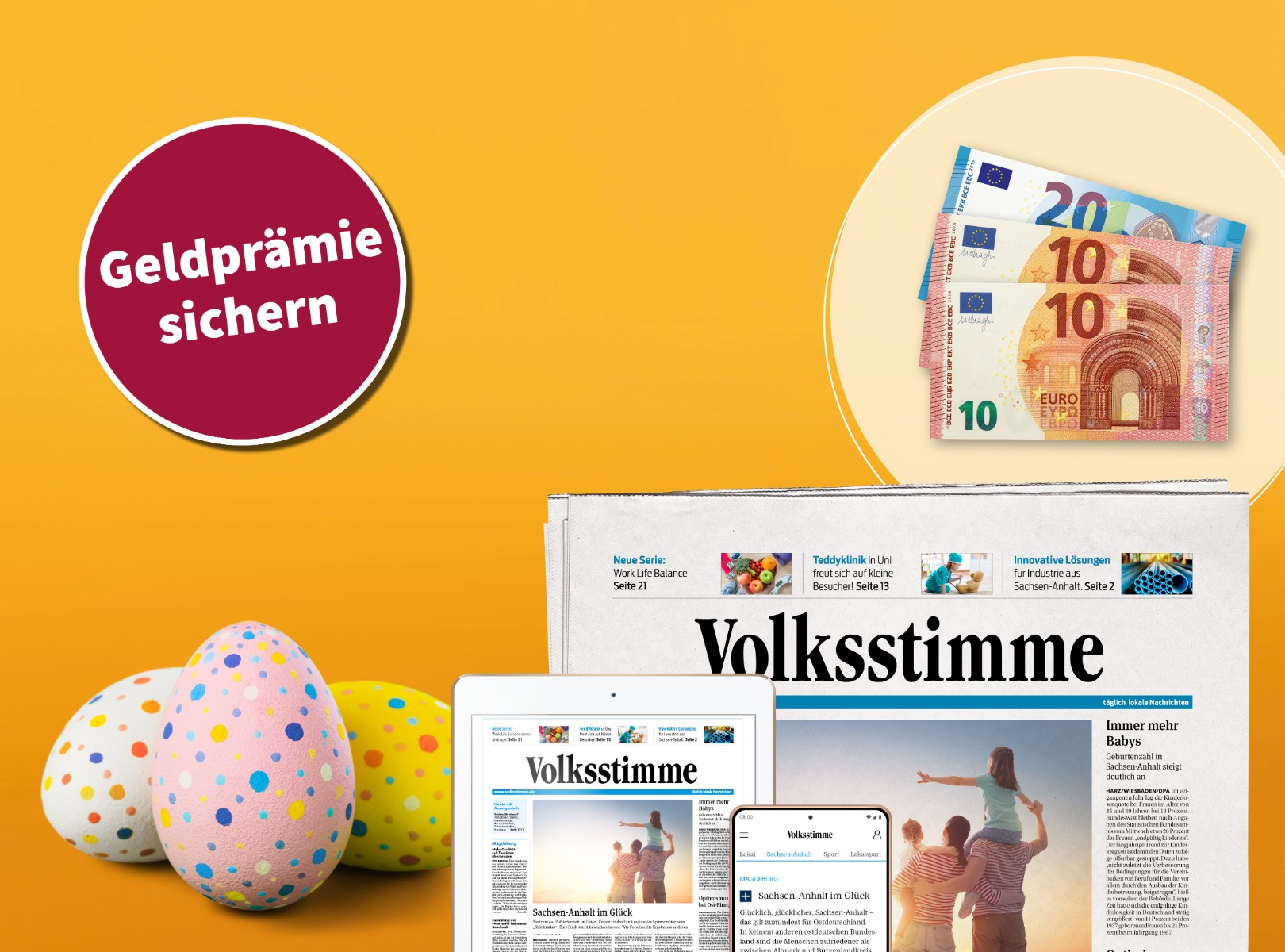 gedruckte und digitale Zeitung mit 40 Euro Geldprämie und Ostereiern