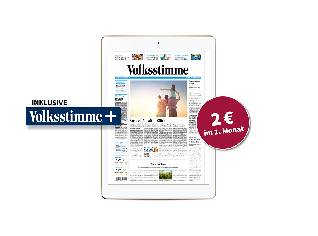 Hier sieht man ein Tablet, was die digitale Volksstimme abbildet. Links wurde das Logo der Volksstimme-Plusartikel abgebildet